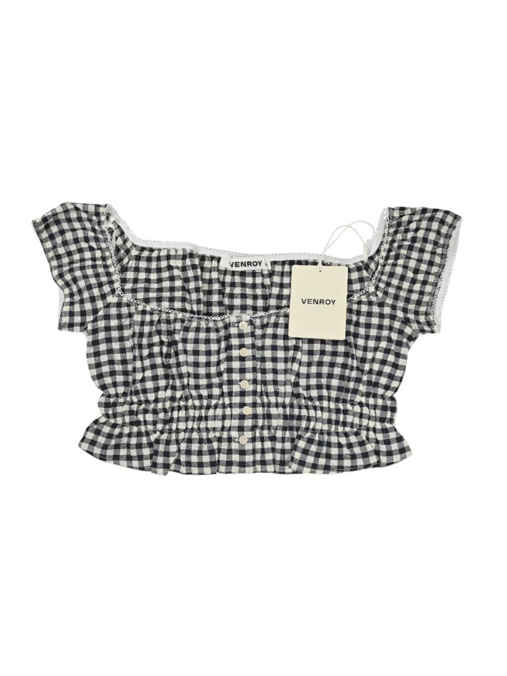 Venroy Off Shoulder Crop Top in Navy Cream Gingham